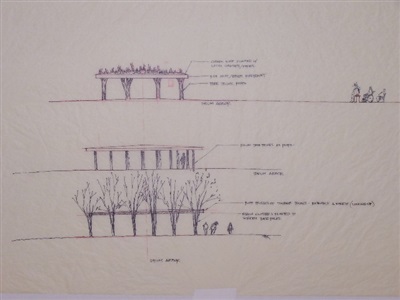 Conceptual sketches: three design alternatives for Drum Circle.  Each design represents different culturally significant elements.  Red Cliff Ojibwe Pow-Wow grounds.
